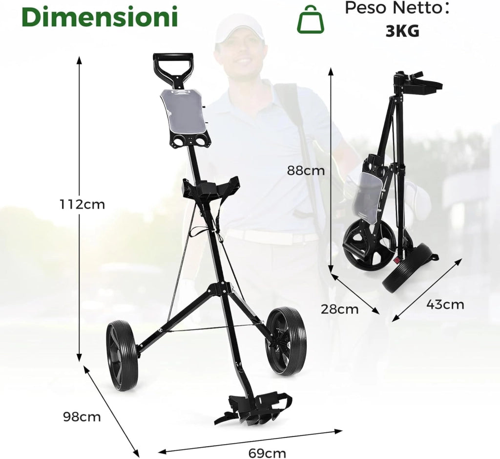 Carrello da Golf Pieghevole con 2 Ruote, Carrello da Golf in Ferro con Tabellone Segnapunti