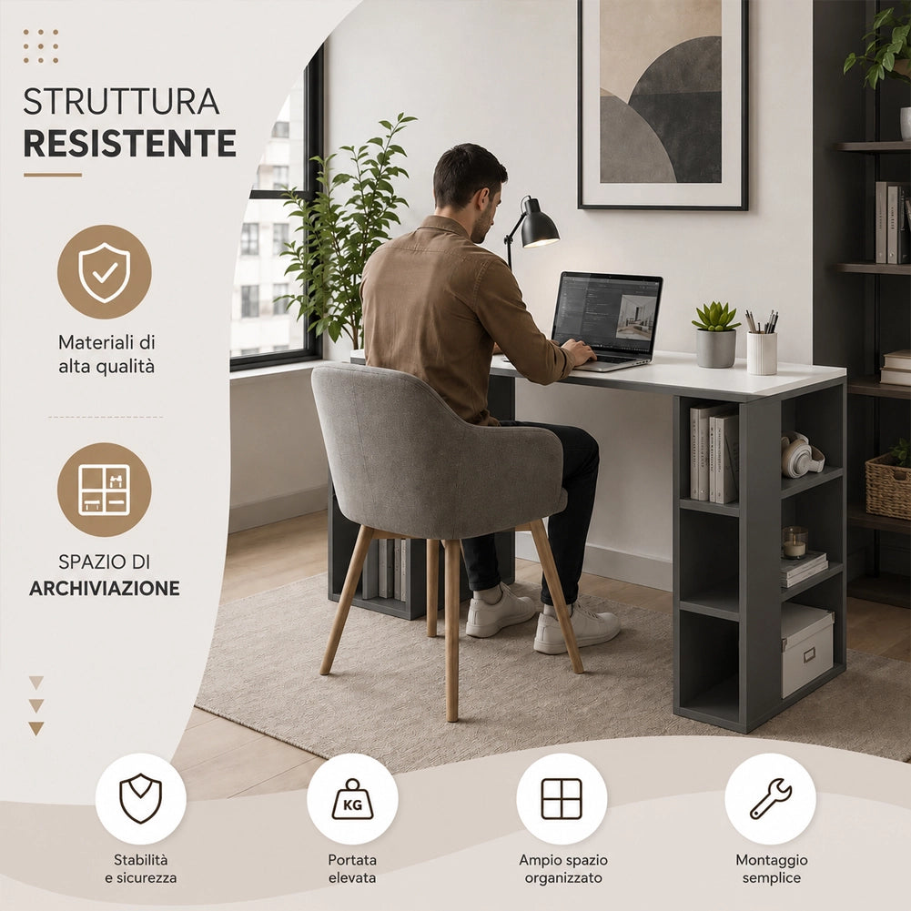 Scrivania Libreria 6 Ripiani 140x60x75 cm Tavolo Porta Computer con Scaffali Libreria in MDF Bianco e Antracite