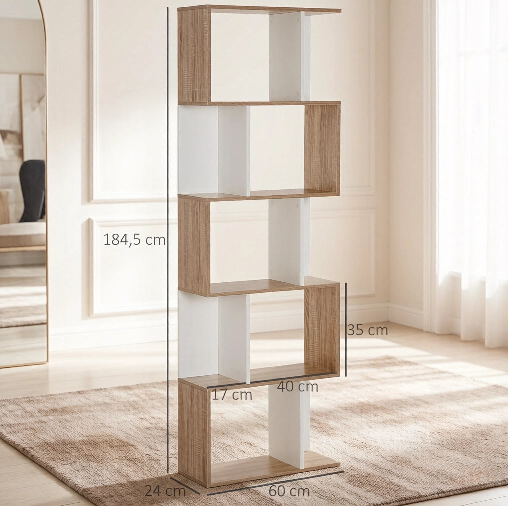 Libreria S moderna a 5 ripiani in truciolare rovere e bianco