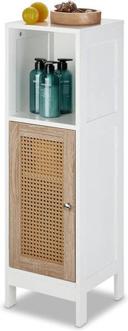 Armadio per bagno con 3 cassetti a muro - Dimensioni 965 x 30 x 30 cm - Mobile per bagno con porta in rattan - Armadi per bagno bianchi e naturali alta statura