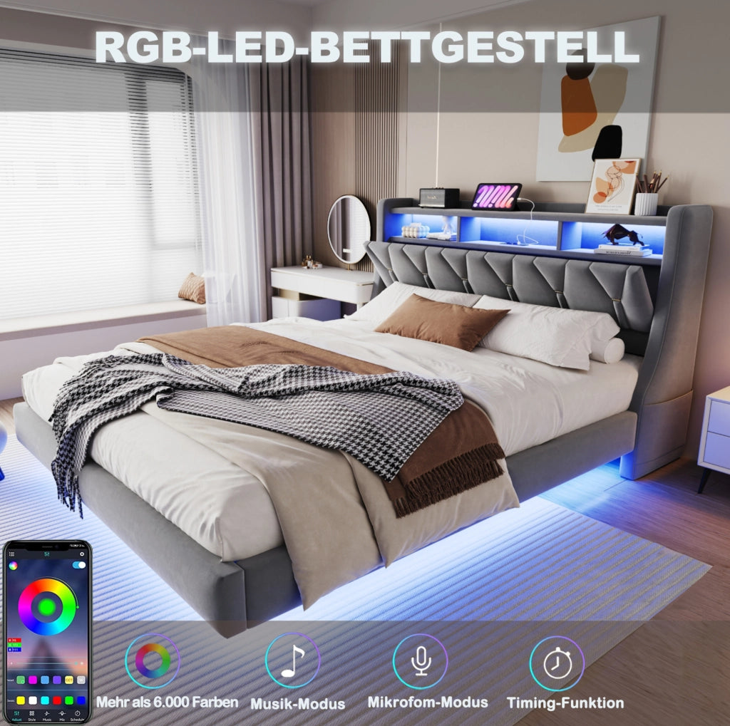 Letto matrimoniale imbottito 180x200 cm con testiera pieghevole; LED; prese USB e Type-C; velluto grigio