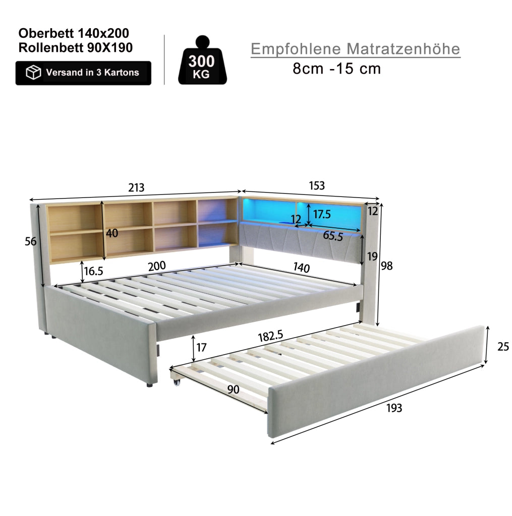 Divano letto multifunzione 140x200 cm con letto estraibile 90x190 cm; LED; grigio chiaro in flanella