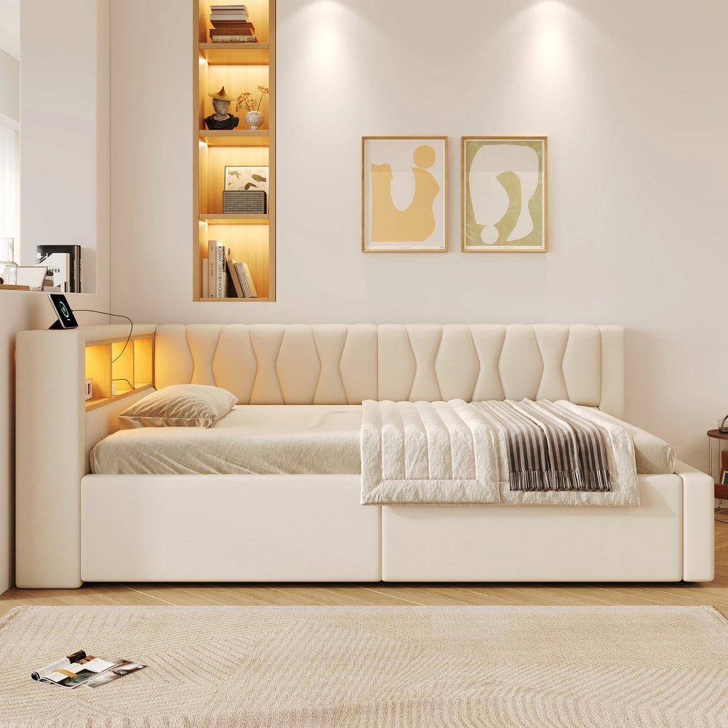 Letto contenitore 90x200 cm con LED dimmerabile; testiera con ripiano e prese USB; beige
