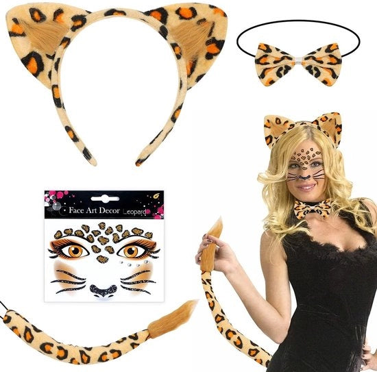 Accessori di costume da leopardo - Orecchini da leopardo - Coda da leopardo - Cappello da farfalla - Tatuaggio per il viso - Materiali di alta qualità - Accessori di travestimento