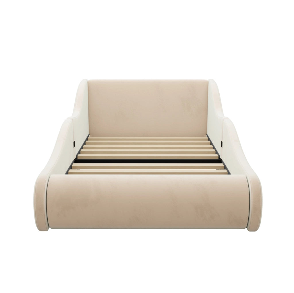 Letto per bambini 90x200 cm con testiera alta e sponde laterali in velluto beige
