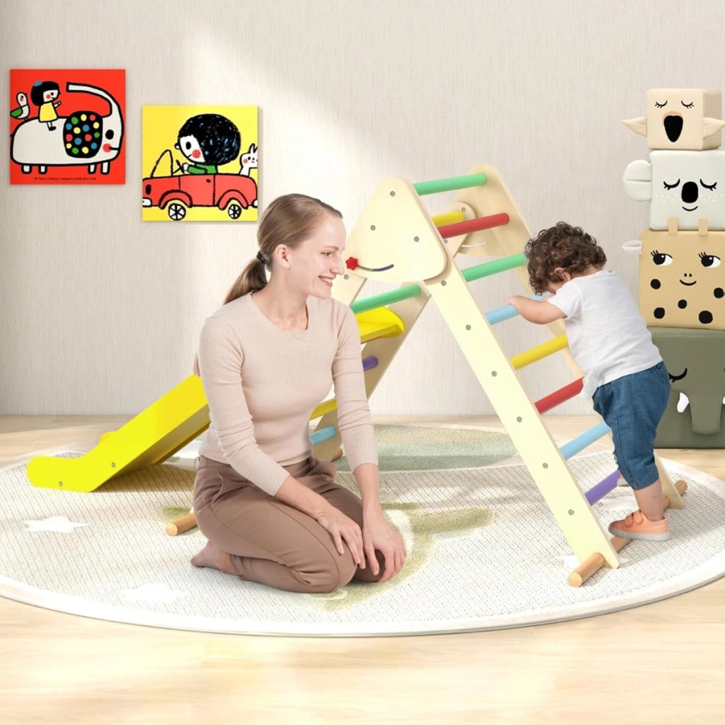 Triangolo di arrampicata pieghevole con rampetta scivolosa, Giocattolo montessori in legno triangolare per bambini Colorato-Arrampicate e scivoli