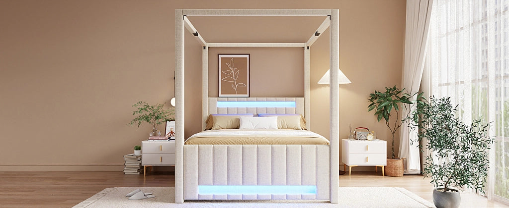 DESMIU Lit combinato 140 × 200 cm 2 posti con letto estraibile, 3 cassetti, LED, senza materasso, beige