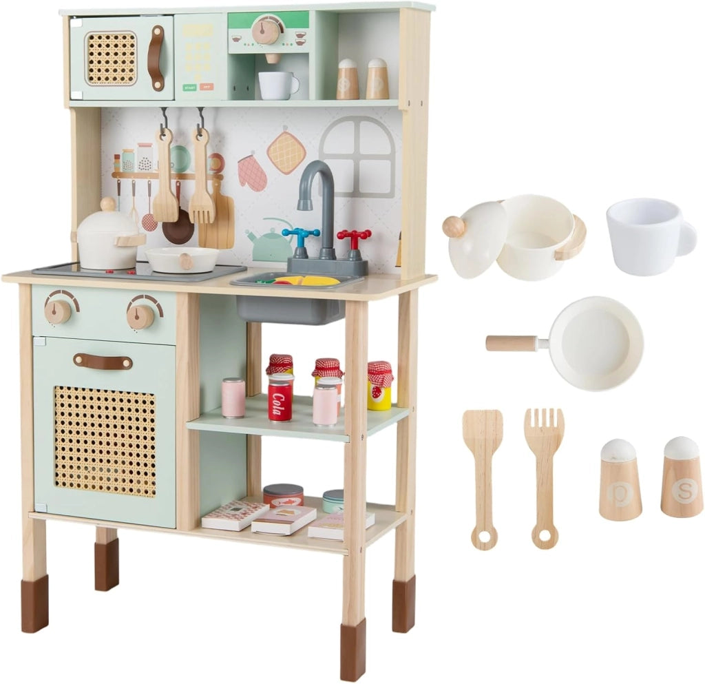 Cucina Giocattolo Bifacciale per Bambini, Cucina Educativa in Legno con Porte in Rattan, Lavagna sul Retro, Luci e Suoni, Accessori Completi, Gioco di Imitazione 3+ Anni, 60 x 29 x 95 cm