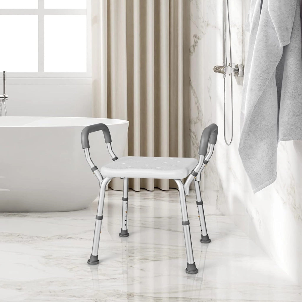 Sgabello Doccia Anziani 59 x 43 x 67cm, Sedia per Doccia Regolabile in 6 Altezze con Braccioli Imbottiti Staccabili e Piedini in Gomma Antiscivolo, Capacità di Peso 100 kg (Grigio)