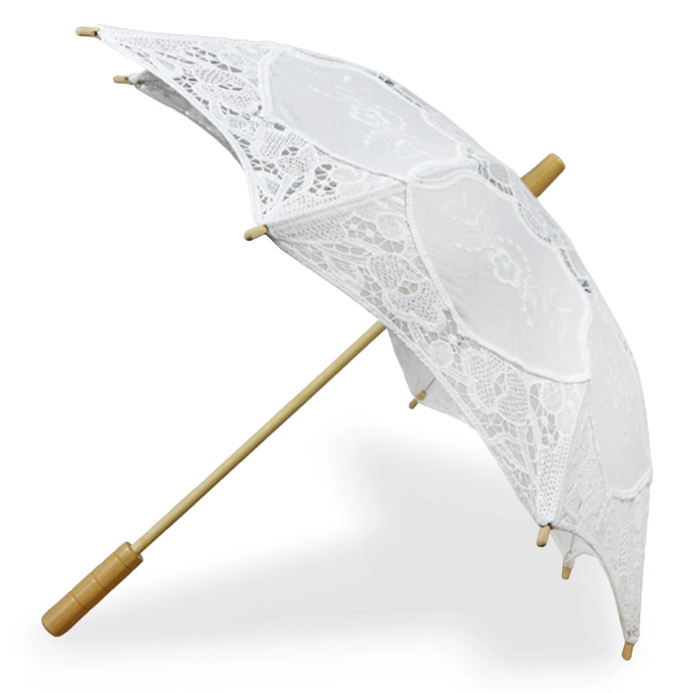 5 Mini-Ombrelli Wedding in Legno con Pizzo Bianco Ricamato 53 x h 60 cm