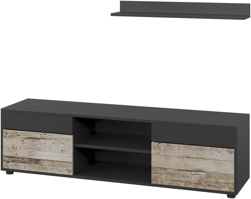 Parete attrezzata soggiorno Berno, Nero/antico, 2 parti, per la conservazione di accessori multimediali e l'esposizione di decorazioni