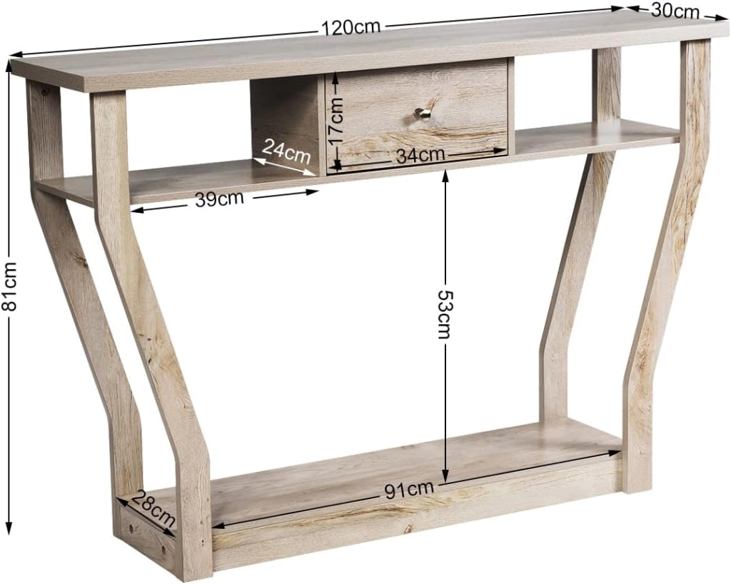 Tavolo Consolle Legno, a 3 Ripiani, Stretto e Compatto, Cassetto con Manico, Console per Soggiorno, Salotto, Ingresso, Portata di 60 kg, 120x30x81cm, 3 Colori (Grigio)