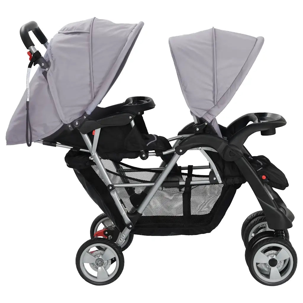 Passeggino Gemellare a Tandem in Acciaio Grigio e Nero 10113