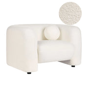 Poltrona in tessuto bouclè bianco con cuscino rotondo stile glamour retrò soggiorno