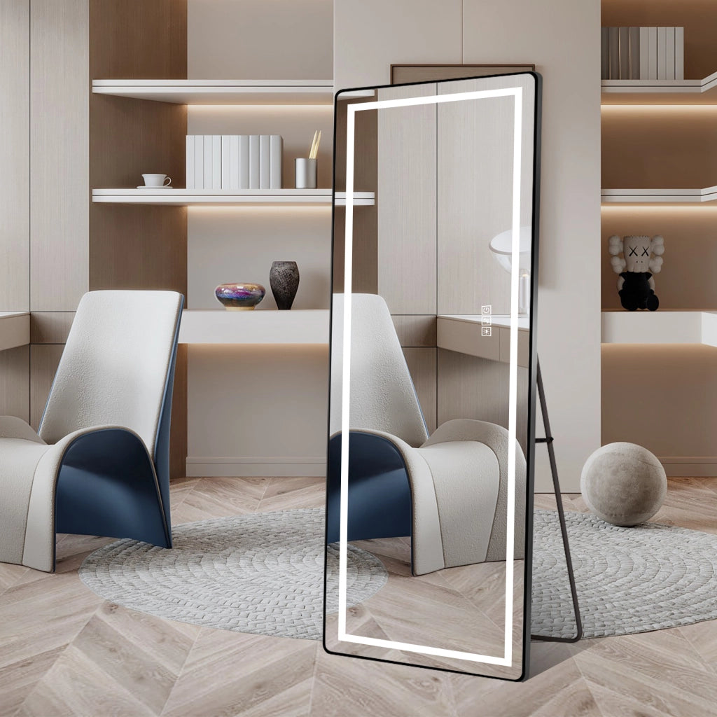 Specchio da terra figura intera LED 163x54 cm con staffa; cornice sottile in lega di alluminio nera