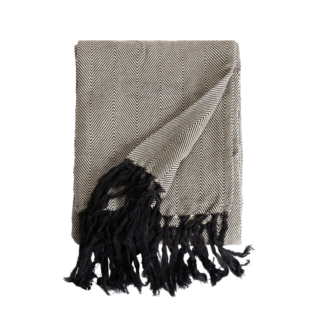 100% cotone plaid nero con frange 130x170cm ZIGGY