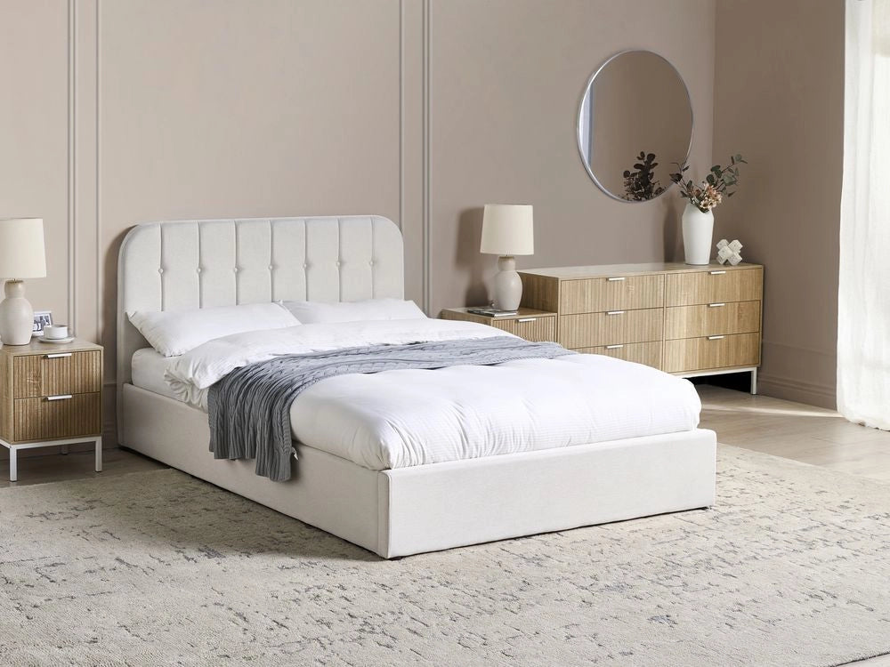 Letto Matrimoniale con Contenitore in tessuto bianco sporco 140 x 200 cm con testiera a doghe