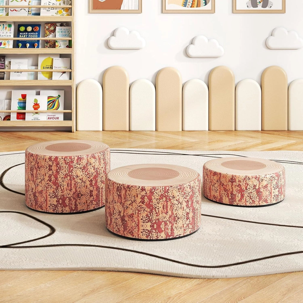 Set di 3 Sgabelli a Ceppo d'Albero, Cuscini da Pavimento per Bambini con Stampa Legno, Decorazione Naturale e Altezze Diverse, Sgabelli Rotondi per Aula, Casa e Asilo (Legno)