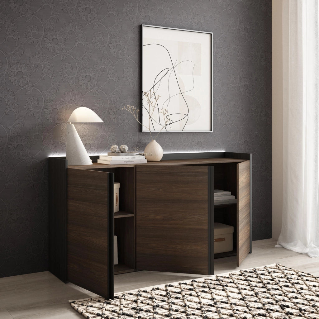 Credenza, Mobile, Cucina, 156x80x35 cm, 3 Porte, LED, Rovere scuro e Nero