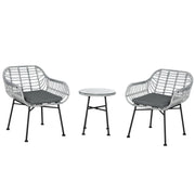 Set Tavolino e 2 Sedie da Giardino in Rattan PE e Cuscini Grigio