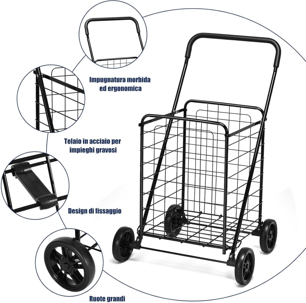 Carrello Portaspesa Pieghevole, Carrello Spesa con Ruote, Capacità di Carico: 45 kg, 83L, 57 x 58 x 91 cm (Nero)