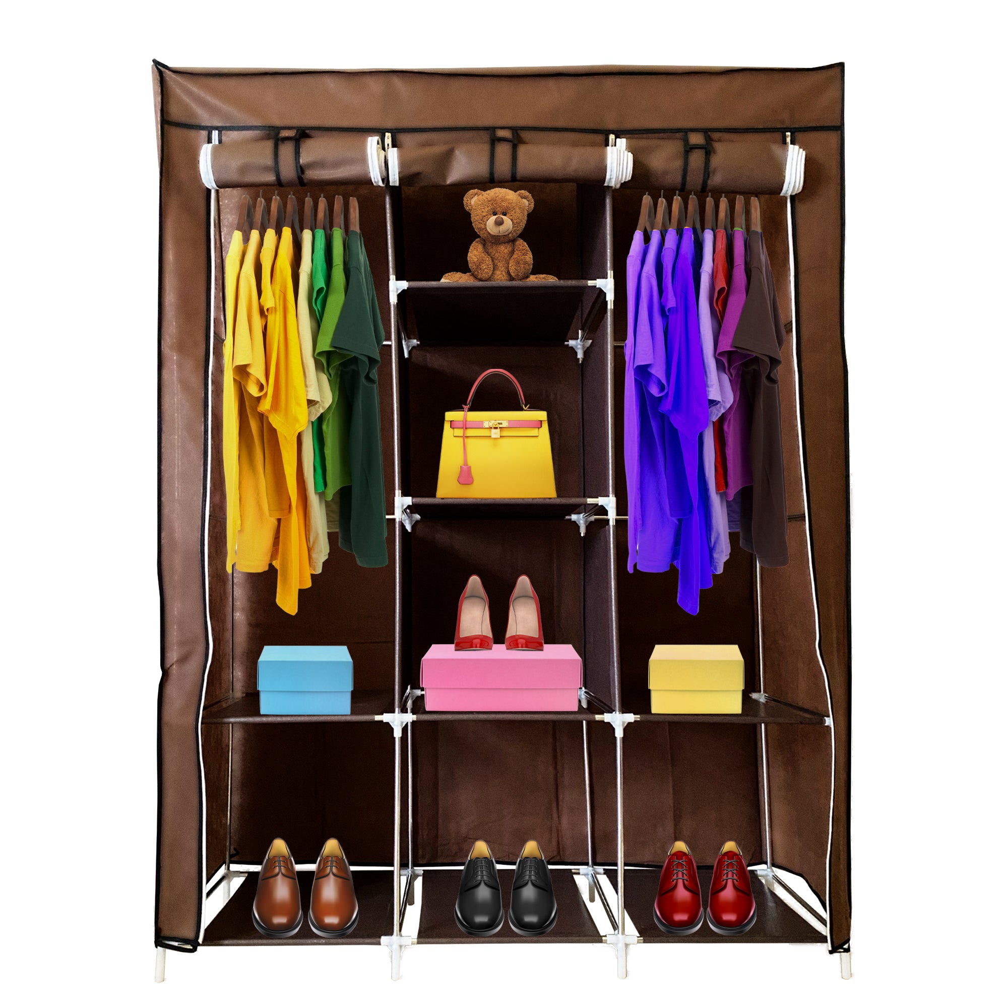 Armadio Vestiario In Tessuto Con Ante Con Cerniera E Tasche Laterali Nyana Home Misure 170x127x45cm Marrone