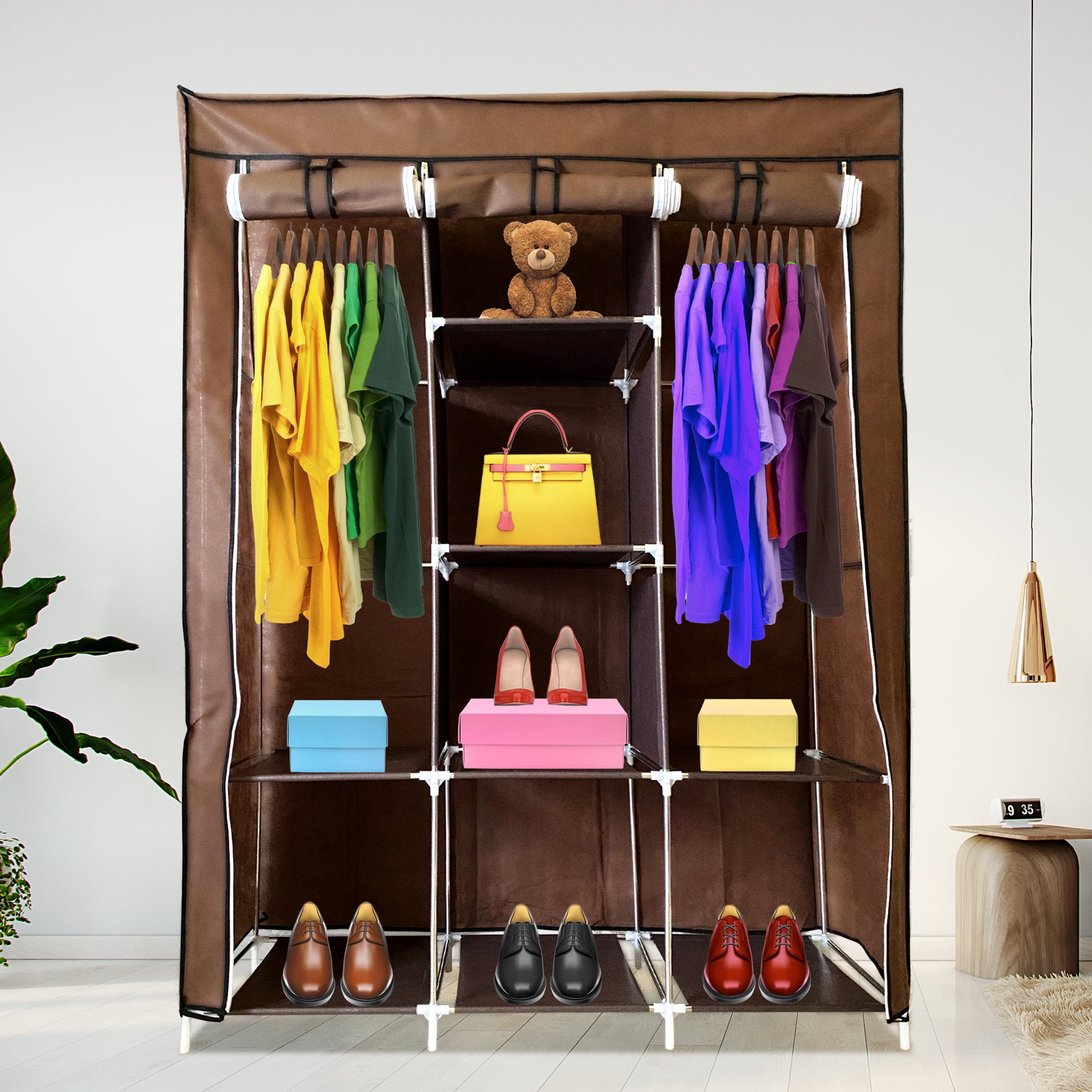 Armadio Vestiario In Tessuto Con Ante Con Cerniera E Tasche Laterali Nyana Home Misure 170x127x45cm Marrone