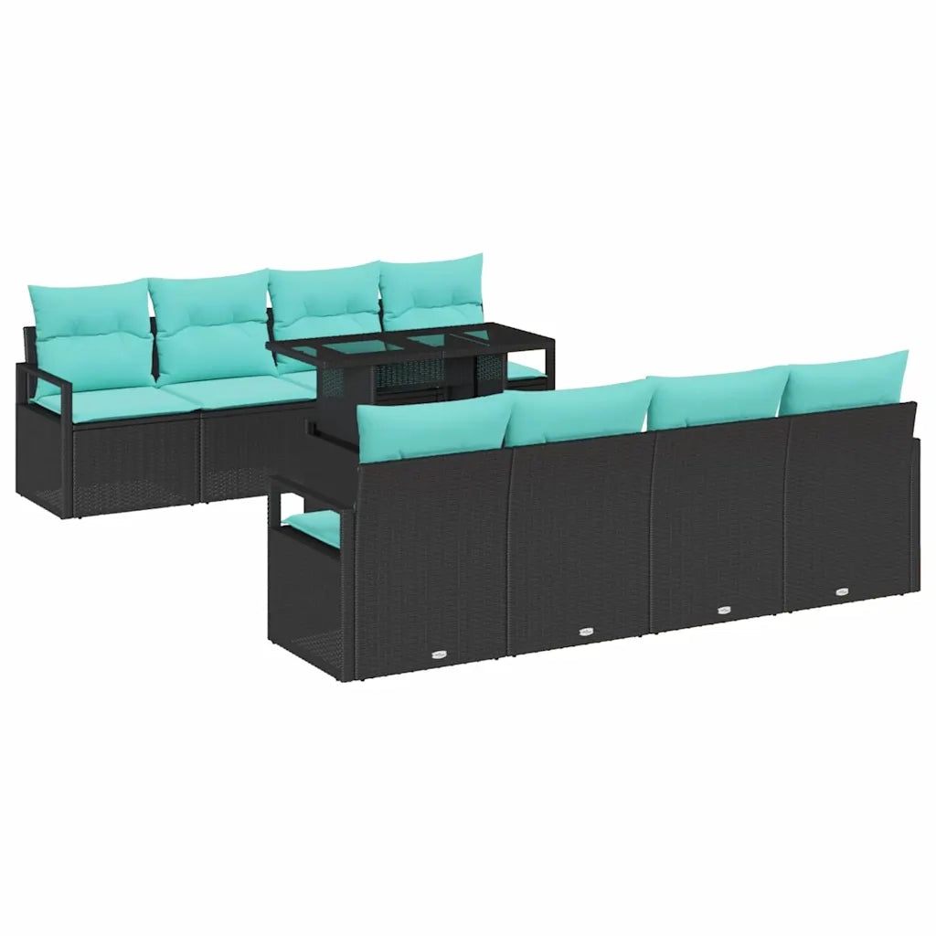 Set Divano da Giardino con cuscino 7 pcs Nero e blu polyrattan