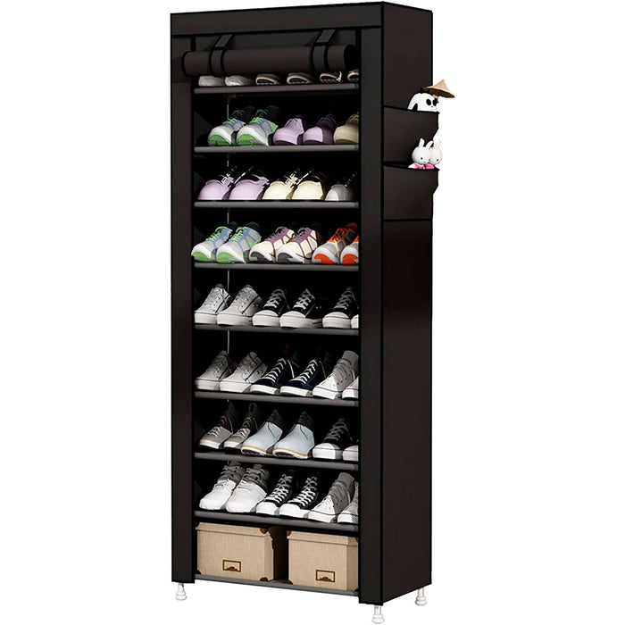 Scarpiera in Tessuto per Scarpe con Anta con Cerniera e Tasche Laterali 160x88x30cm, 27 paia. Nero