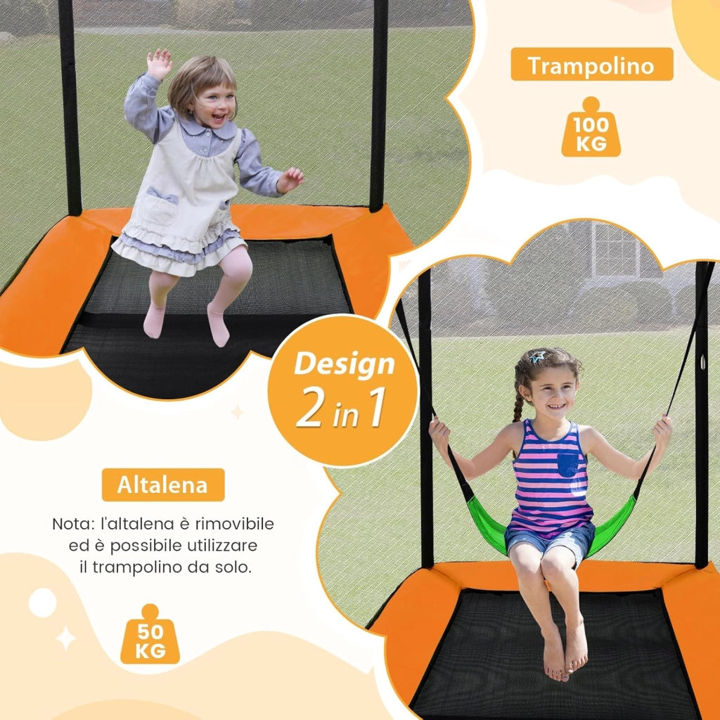 Trampolino per Bambini Rettangolare, Tappeto Elastico da Esterno ed Interno per Bambini da 190CM con Altalena e Rete di Sicurezza per Bambini più di 3 Anni, Portata 100kg