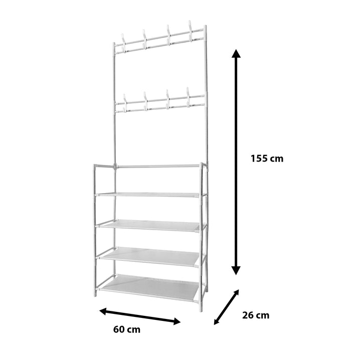 Appendiabiti da ingresso in metallo Nyana Home 155x60x28cm, 4 ripiani, 8 grucce Bianco