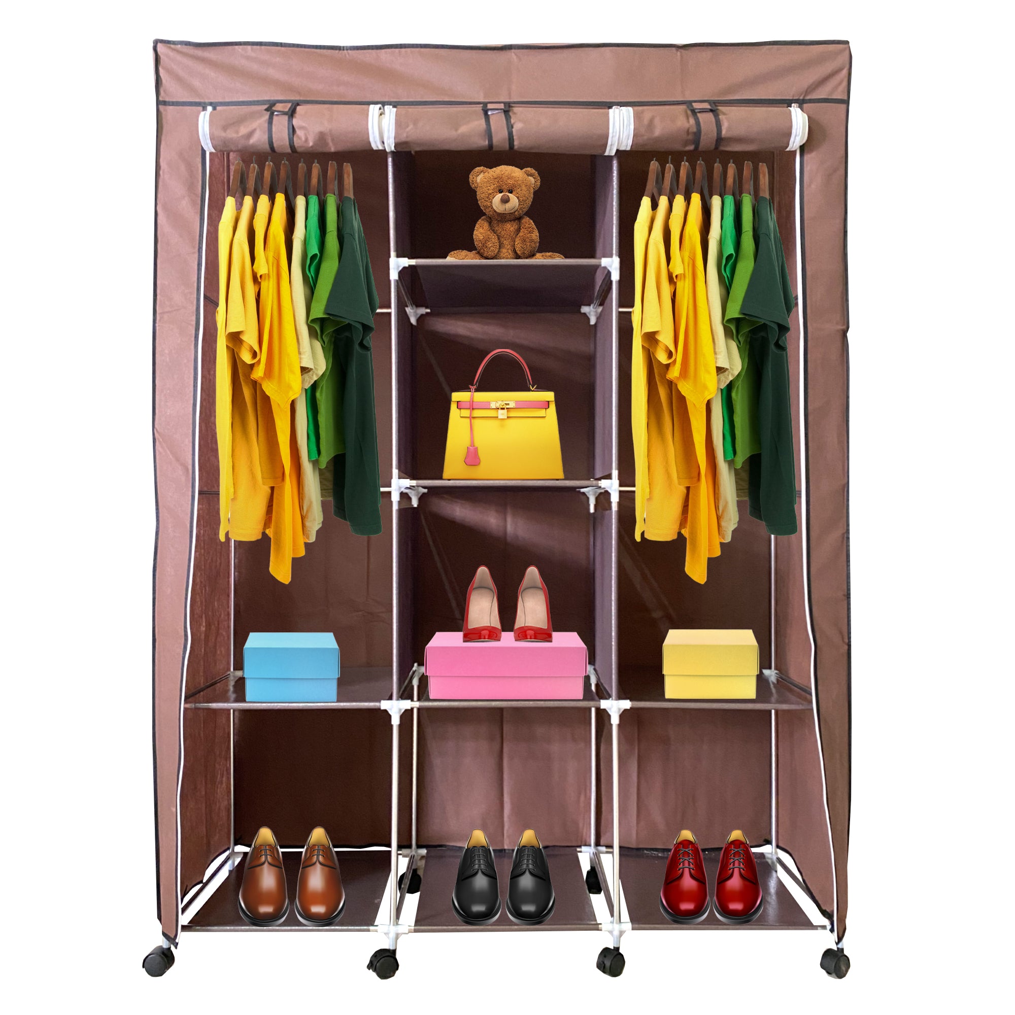 Armadio Spogliatoio in Tessuto con Ante con Cerniera e Ruote Nyana Home 170x125x45cm 6 vani, 3 ante, 2 armadi Marrone