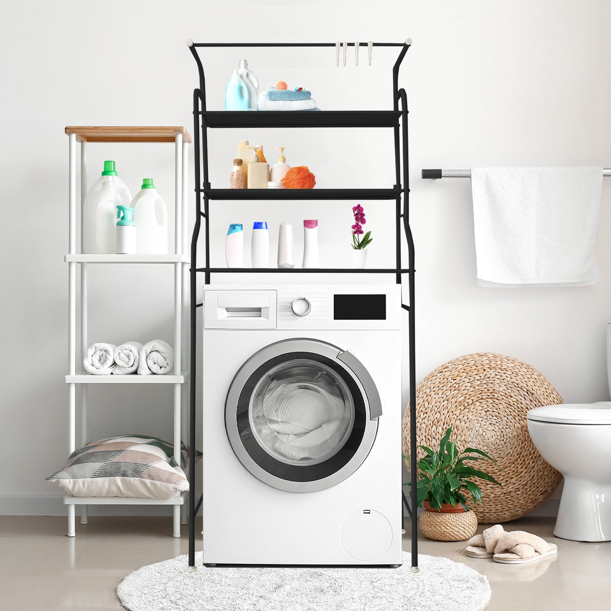 Mensola per WC da bagno 3 ripiani 1 appendiabiti superiore 166x65x25 cm Nero