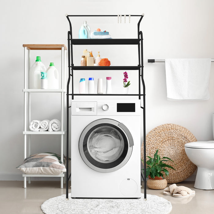 Mensola per WC da bagno 3 ripiani 1 appendiabiti superiore 166x65x25 cm Nero