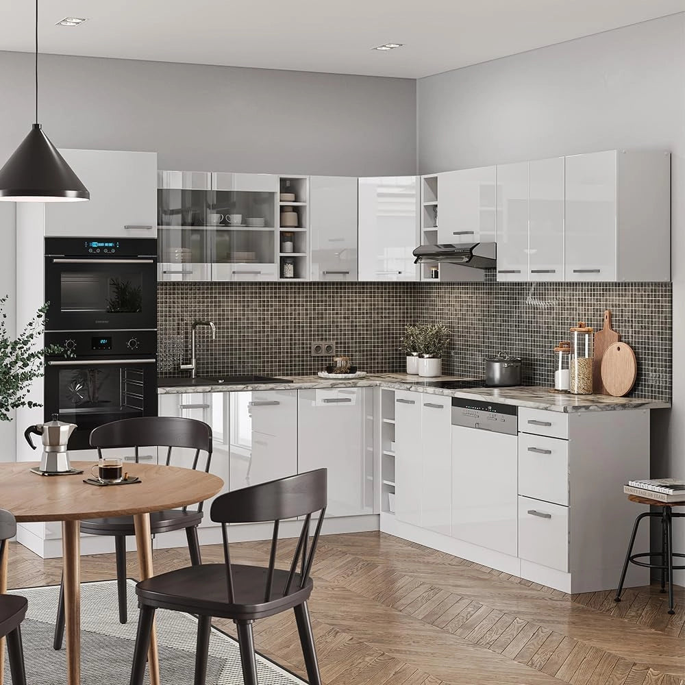 Cucina angolare completa R-Line, Bianco lucido, 247 x 60 cm, PL Rovere, per disposizione flessibile ed espansione modulare