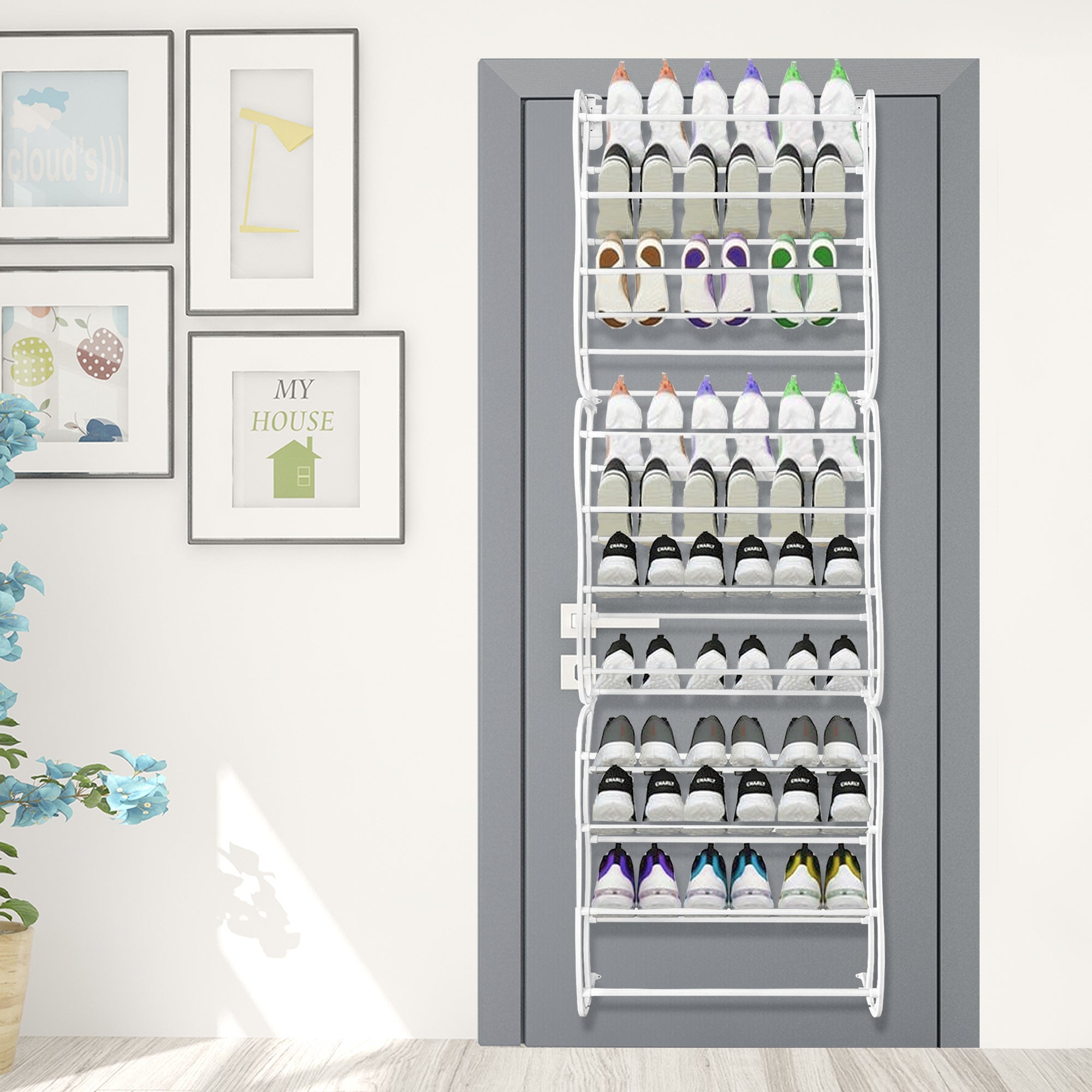 Scarpiera sospesa su porta in metallo 36 paia Nyana Home 172x58x18 cm Bianco