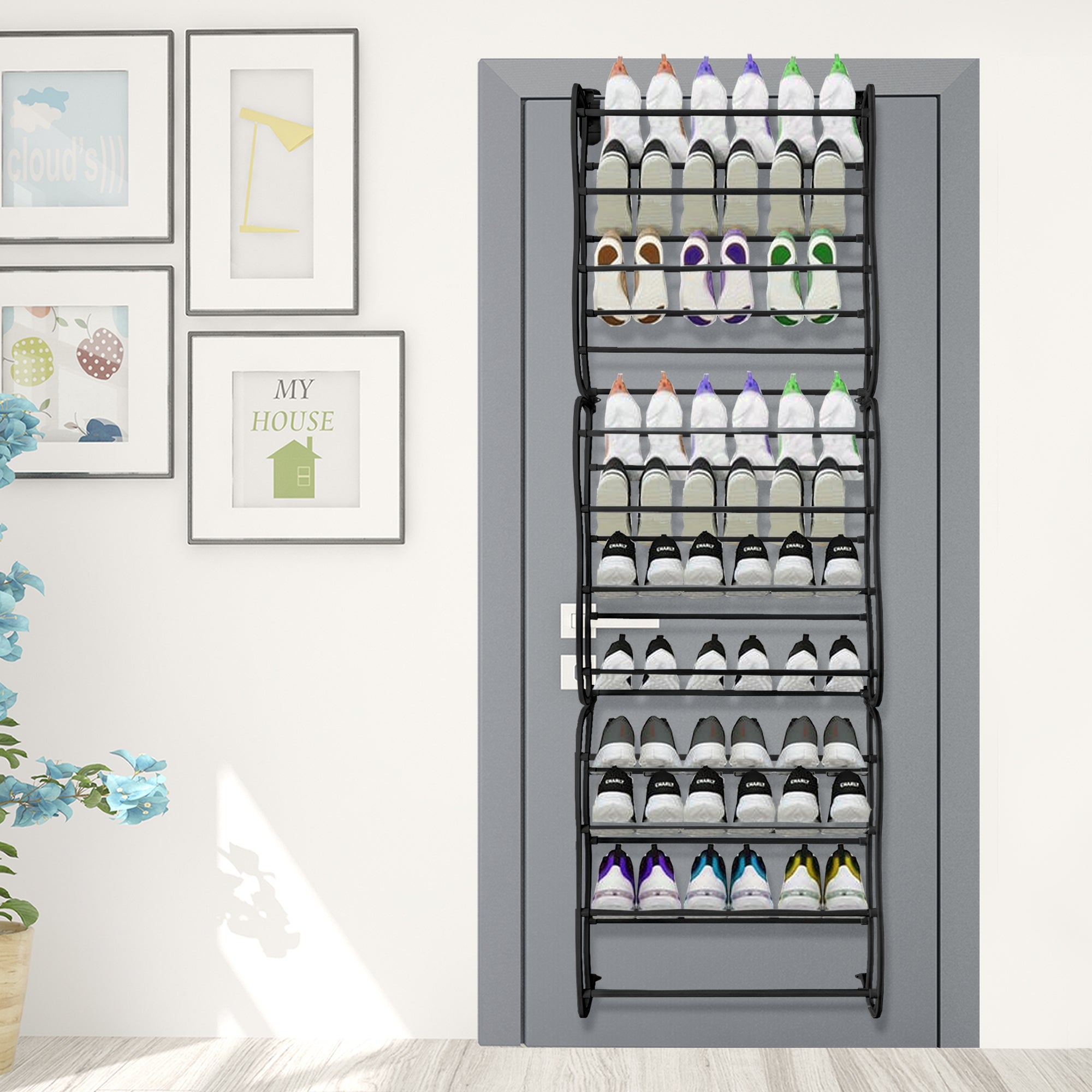 Scarpiera sospesa su porta in metallo 36 paia Nyana Home 172x58x18 cm Nero