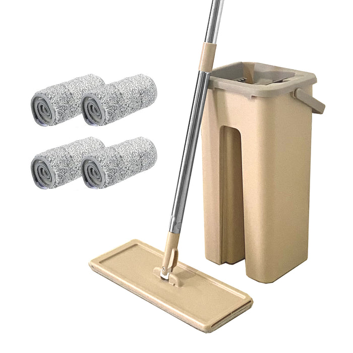 Mocio extra piatto con secchio strizzatore 4 Mop riutilizzabili in microfibra beige