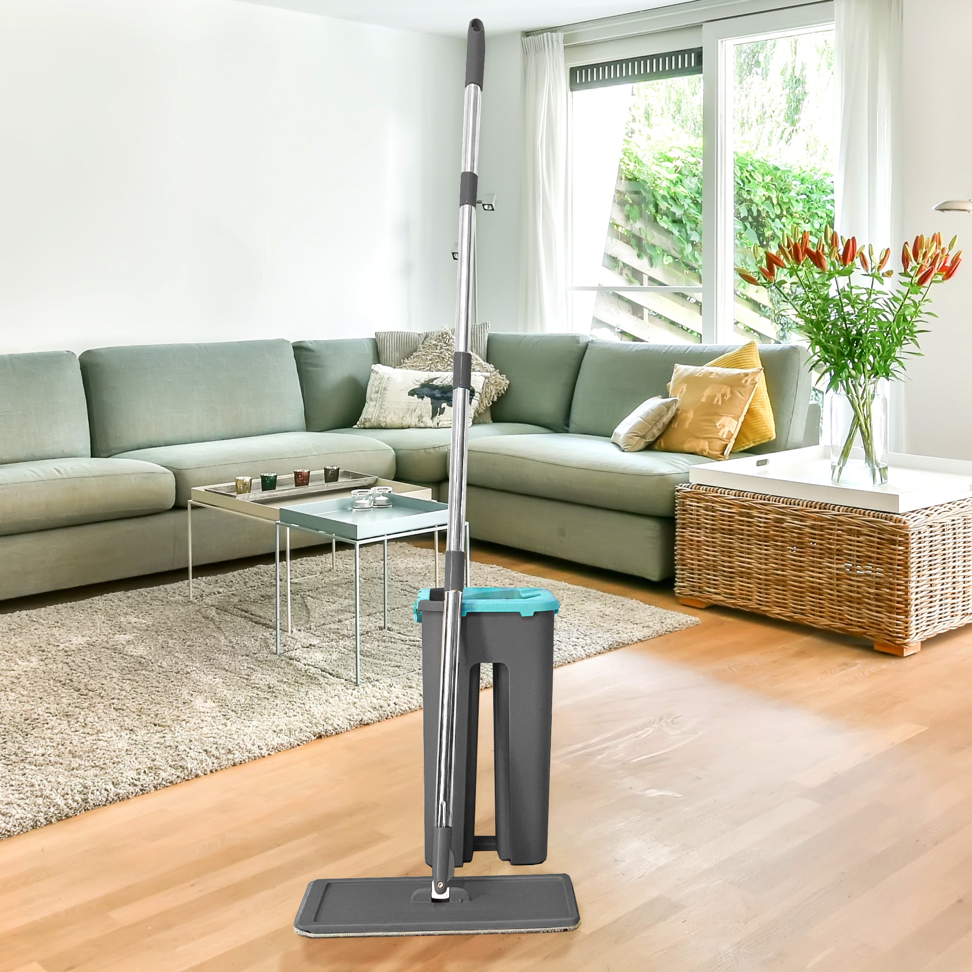 Panno extra piatto con secchio strizzatore 6 Panni riutilizzabili in microfibra blu