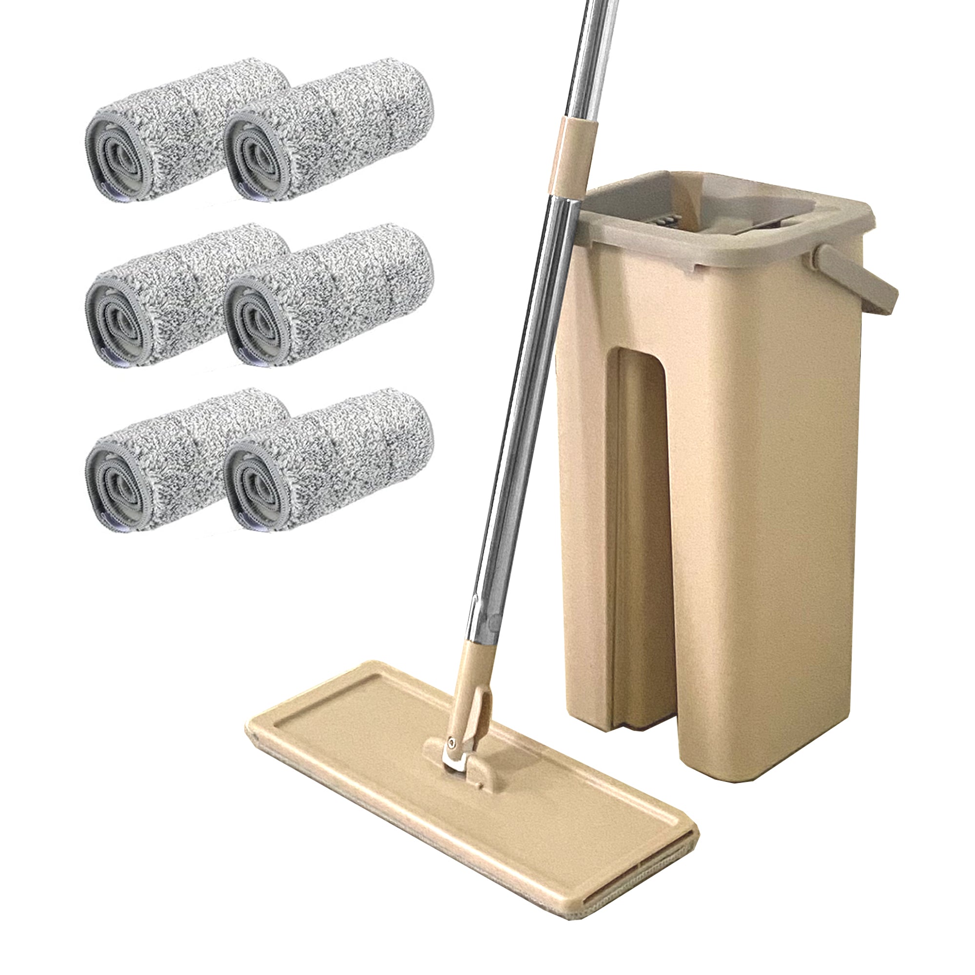 Mocio extra piatto con secchio strizzante 6 Mop riutilizzabili in microfibra beige