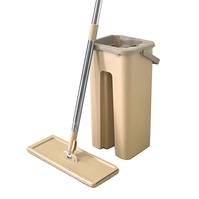Mocio extra piatto con secchio strizzante 6 Mop riutilizzabili in microfibra beige