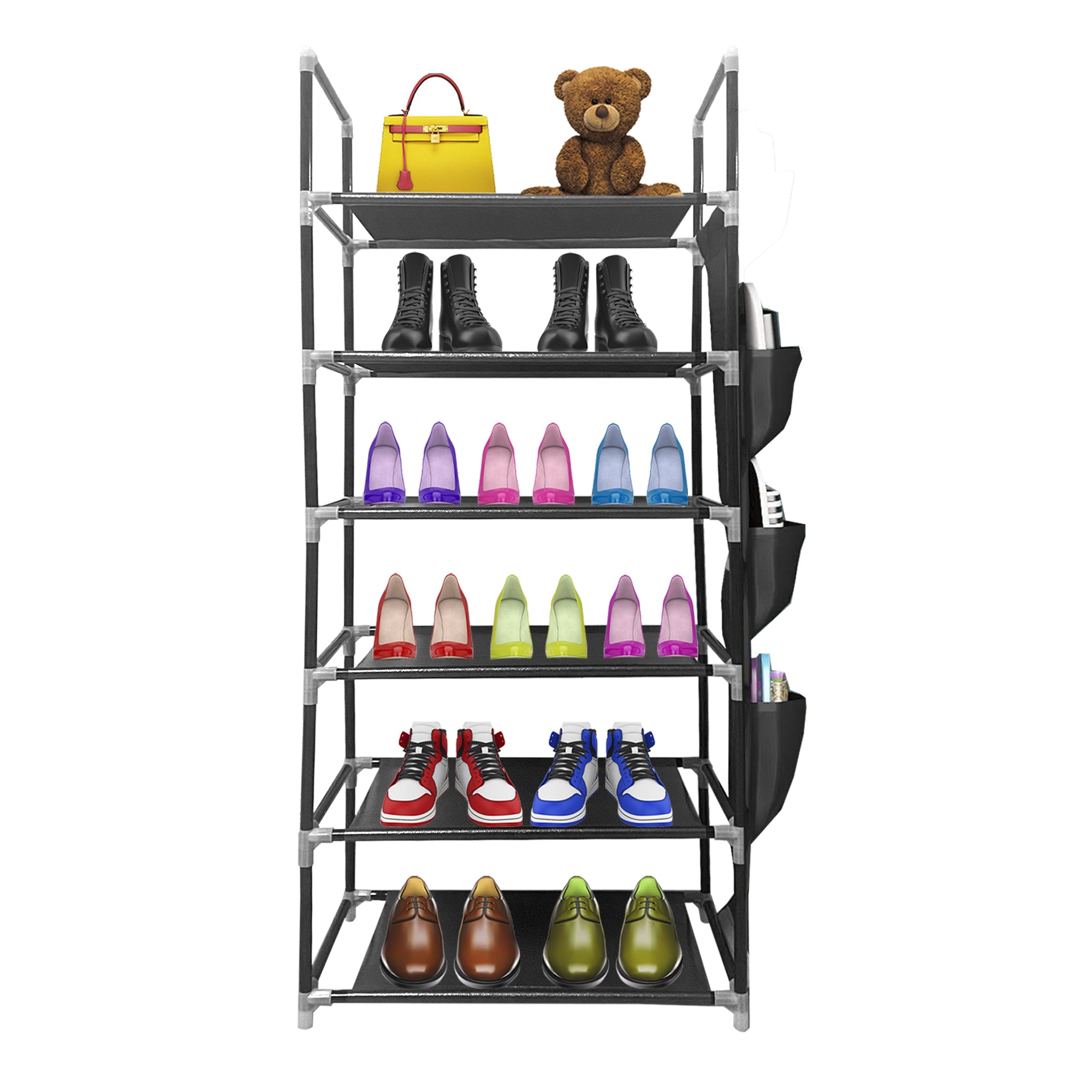 Scarpiera componibile in metallo Nyana Home fino a 18 paia 108x46x27cm, 3 tasche laterali, 6 altezze Nero.