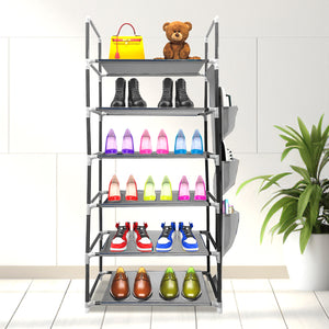 Scarpiera in tessuto, 6 ripiani, 18 paia | Appendino laterale con 3 tasche | Realizzata in PVC e tessuto non tessuto | Organizzatore per scarpe | 46x27x108 cm