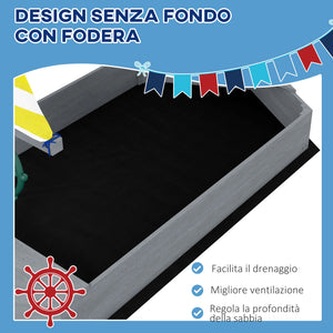 Sabbiera per Bambini 3-8 Anni a forma di Barca 190x90x138 cm in Legno di Abete e Poliestere