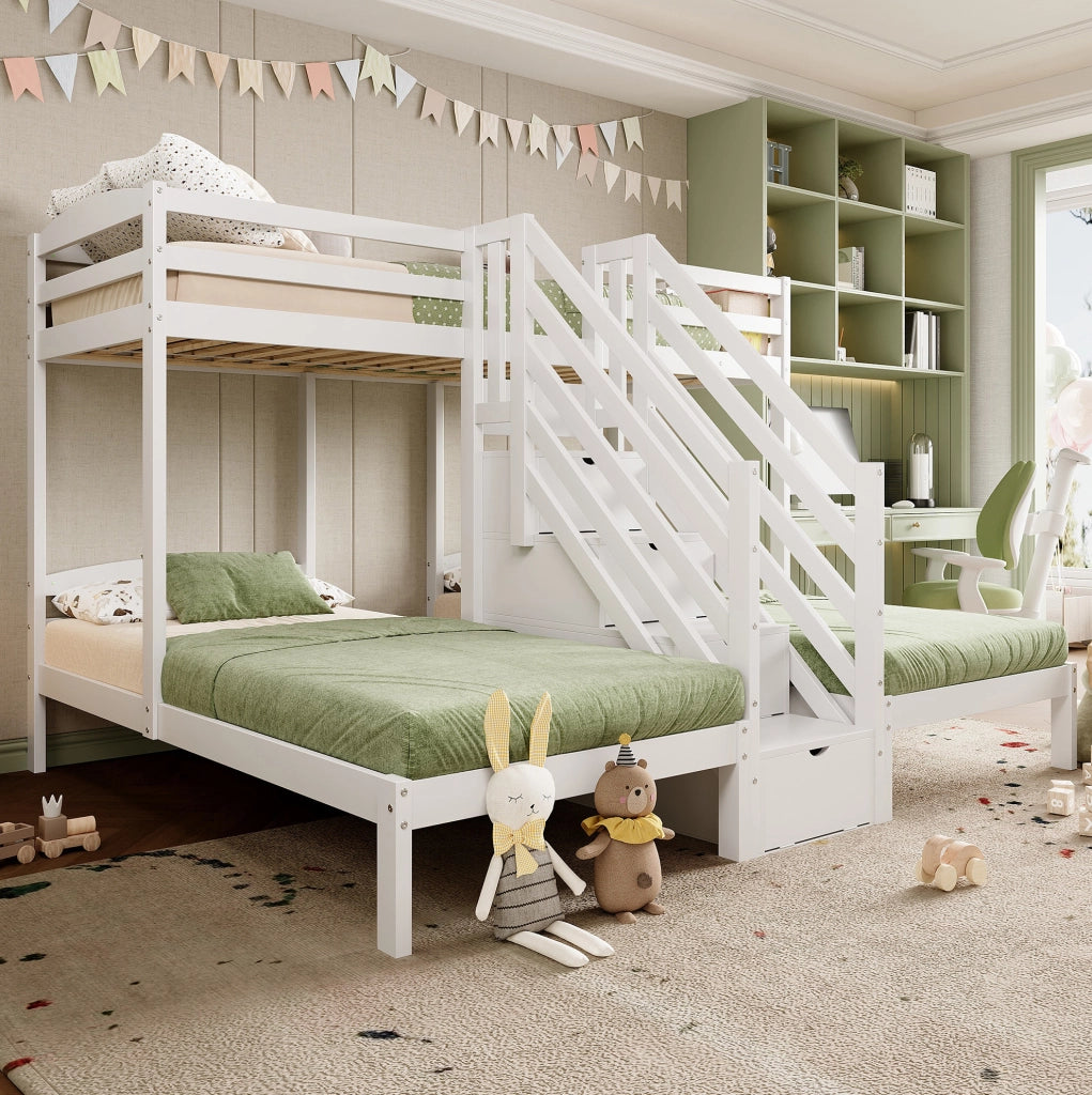 Letto a soppalco per bambini 90x200 cm con 3 letti; scala contenitore con cassetti; pino e MDF; bianco