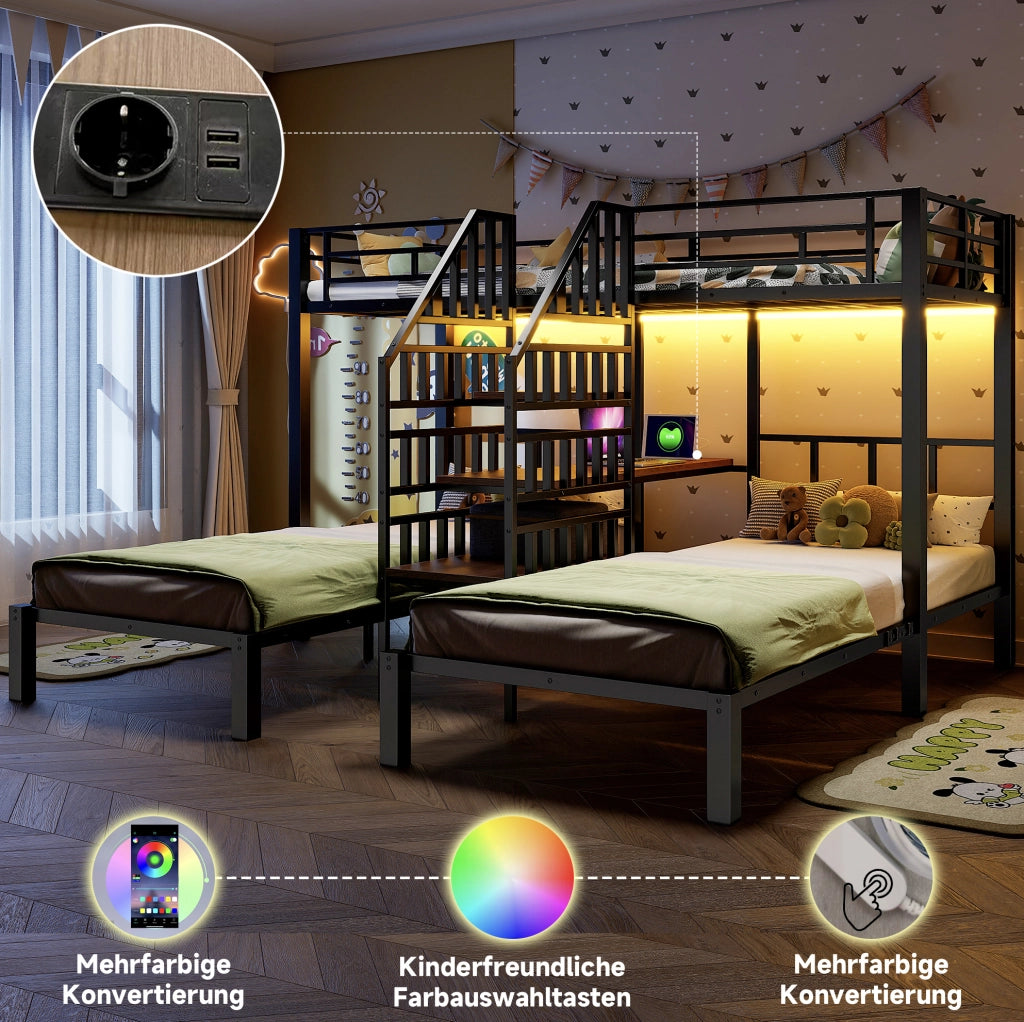Letto a castello 3 posti 90 x 200 cm con LED; scrivania; USB e presa; nero