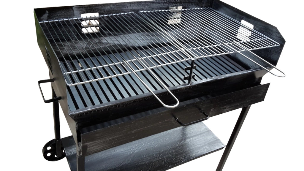Barbecue a Legna e Carbonella in Ferro, con Ruote, Regolabile su 2 Altezze, Griglia in Acciaio, Ripiano poggia utensili 90x45 cm