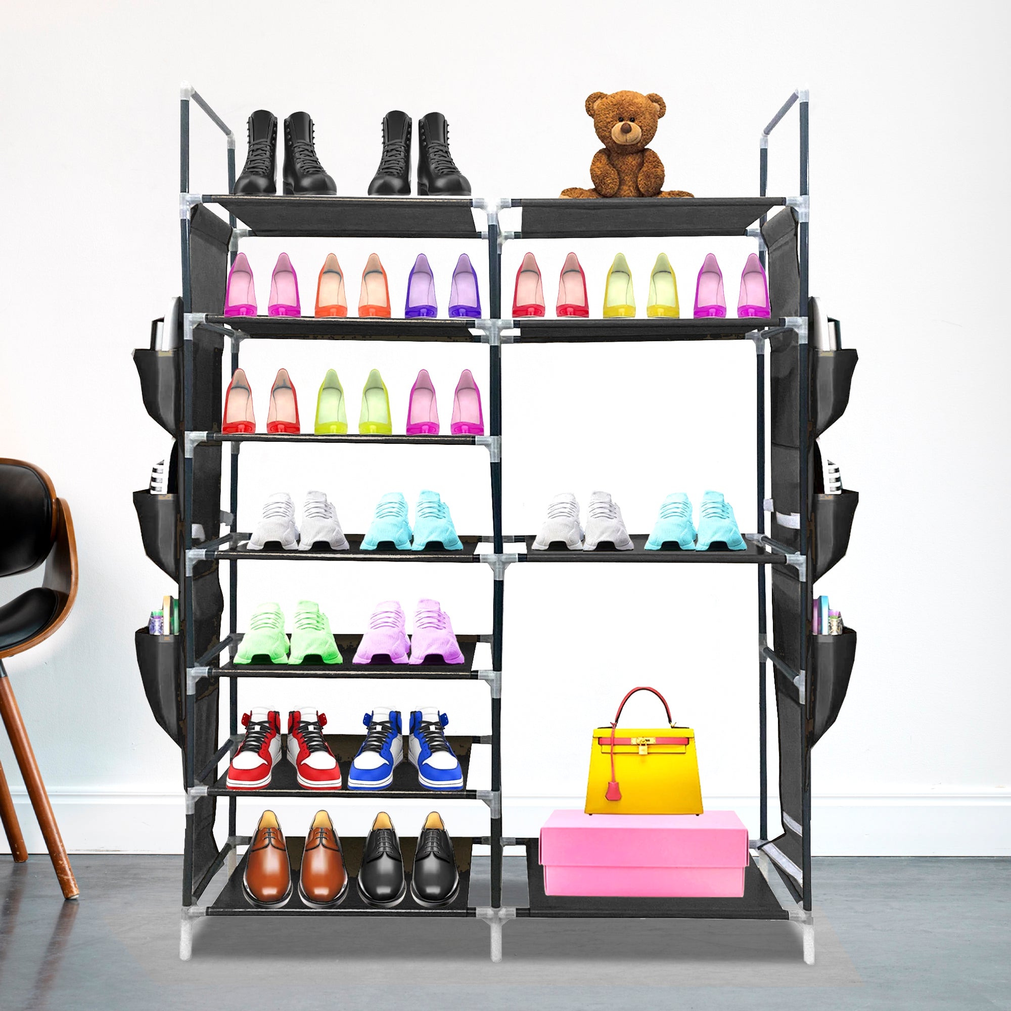 Zapatero Tela 4 Alturas 18 Pares| Espacio para Botas | 4 Ganchos  y Colgadores Laterales | Fabricado en PVC | Organizador de Zapatos | 90x27x95 cm