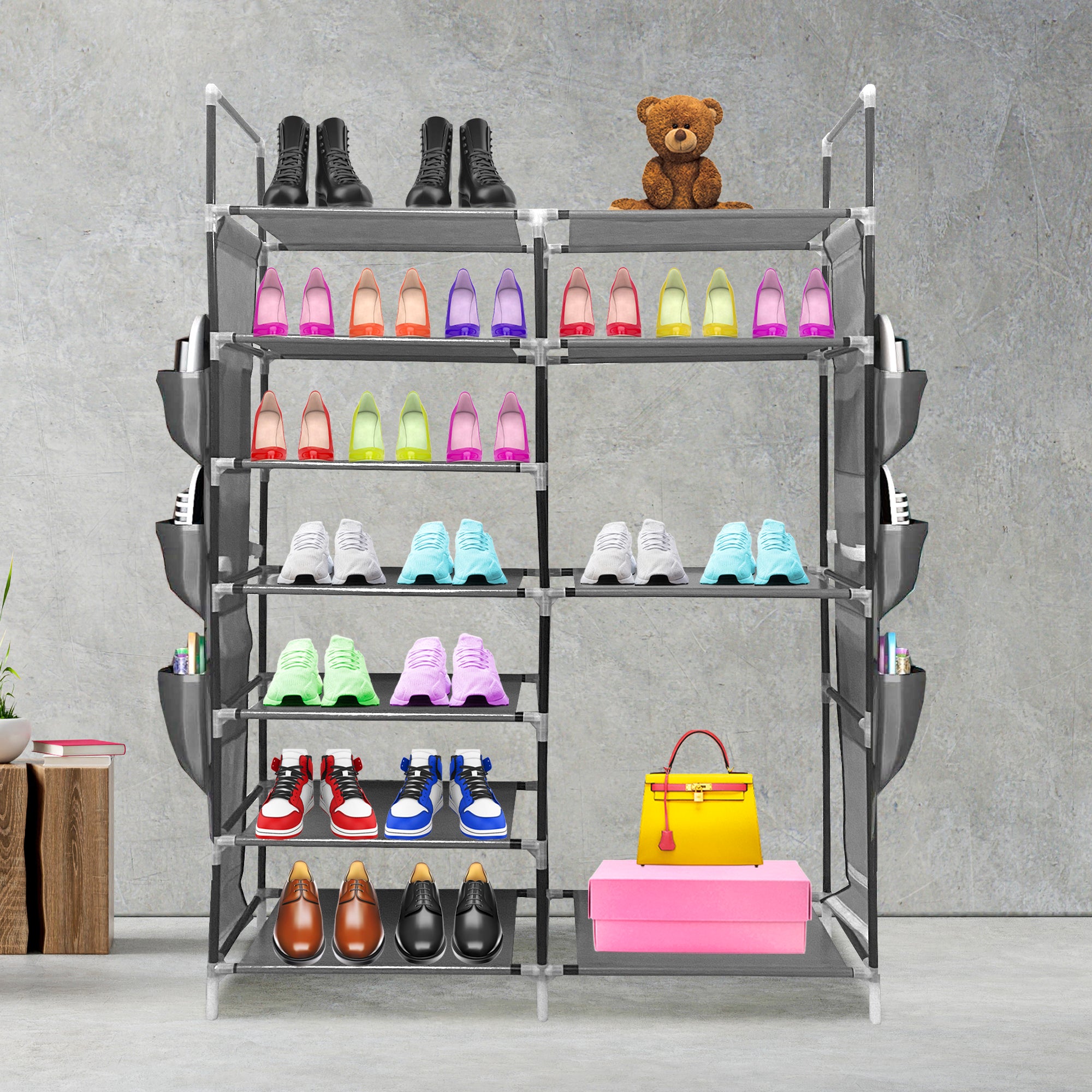 Zapatero Tela 7 Alturas 33 Pares| Espacio para Botas | Colgadores Lateral con 3 Bolsillos | Fabricado en PVC y Tela no tejida |  90x27x129 cm