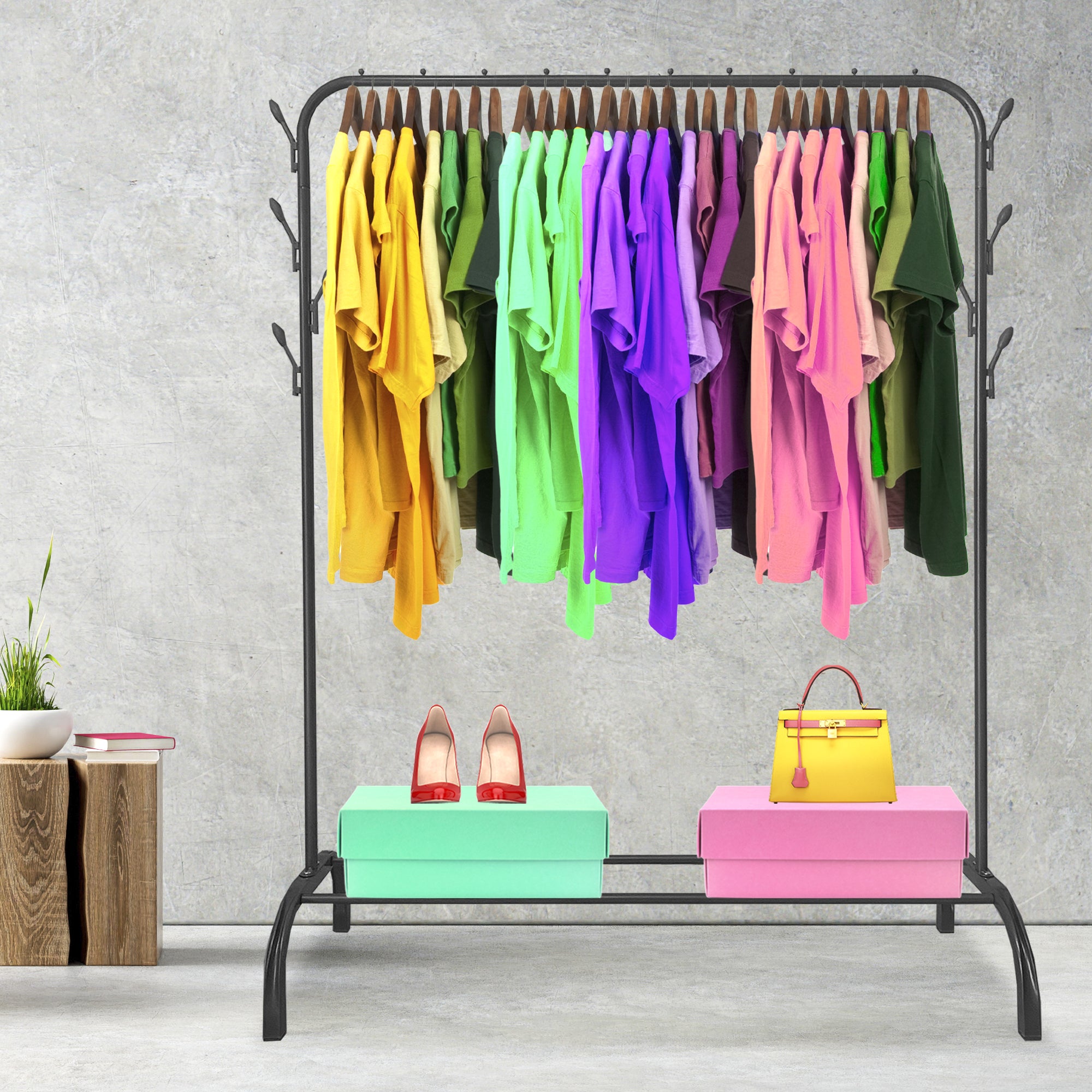 Donkey Premium Rack 1 appendiabiti Nyana Home 148x110x41 cm, 2 barre appendiabiti, 1 ripiano inferiore Nero.